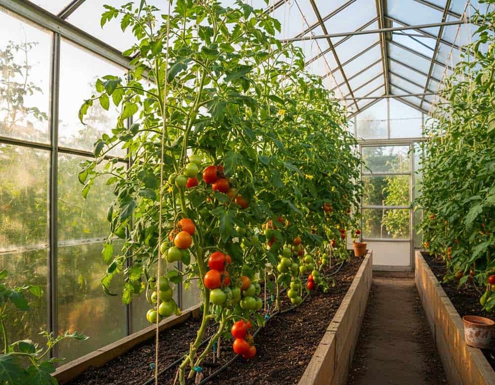 Pflege von Tomatenpflanzen im Gewächshaus