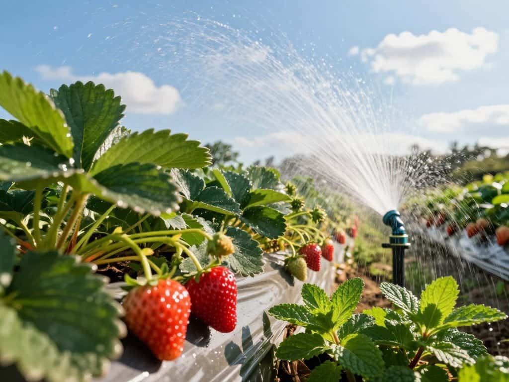 Bewässerung von Erdbeerpflanzen im Sommer Bewässerung von Erdbeerpflanzen im Sommer