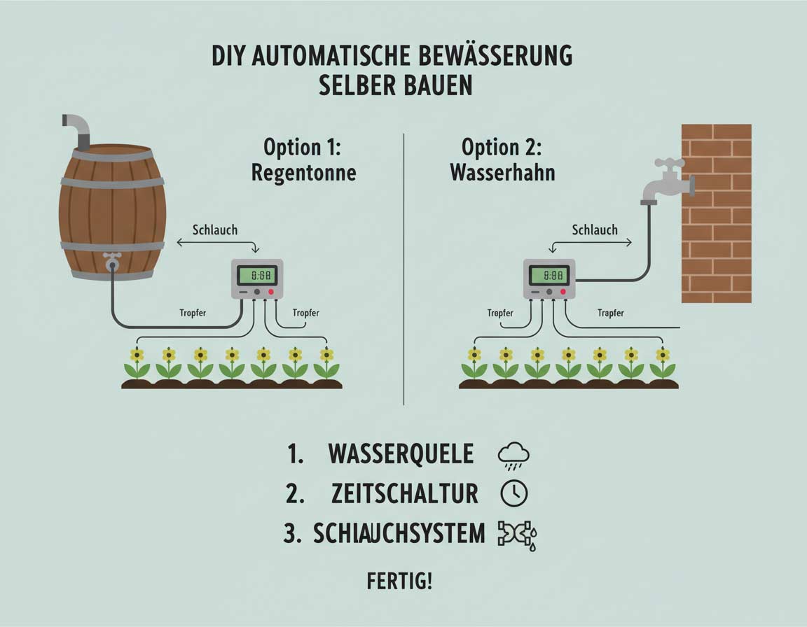 automatische Bewässerung selber bauen mit Regentonne oder Wasserhahn, Schlauch und Zeitschaltuhr automatische Bewässerung selber bauen mit Regentonne oder Wasserhahn, Schlauch und Zeitschaltuhr