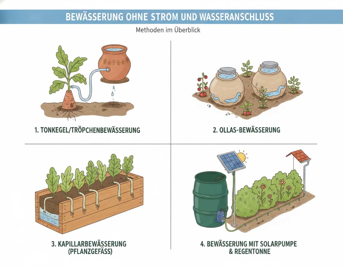 Bewässerung ohne Strom und Wasseranschluss: Methoden im Überblick Bewässerung ohne Strom und Wasseranschluss: Methoden im Überblick