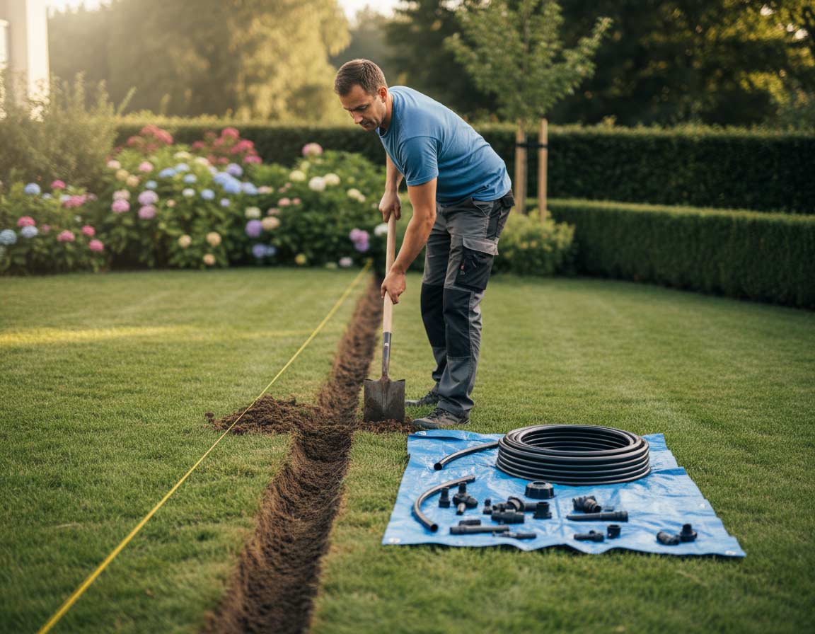 Die Verlegung der neuen Gartenbewässerung Die Verlegung der neuen Gartenbewässerung