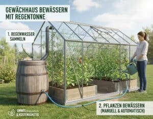 Mehr über den Artikel erfahren Gewächshaus bewässern mit der Regentonne: Planung, Aufbau, Betrieb
