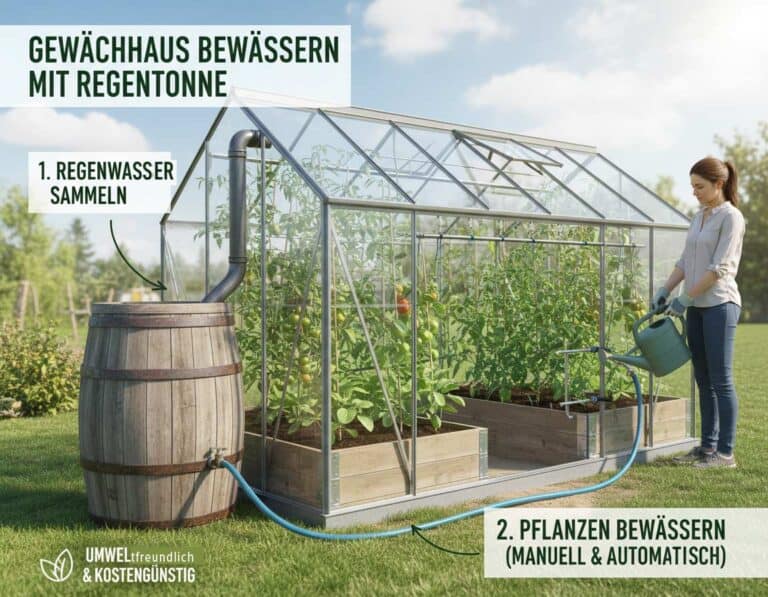 Mehr über den Artikel erfahren Gewächshaus bewässern mit der Regentonne: Planung, Aufbau, Betrieb
