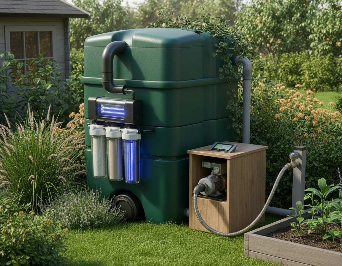 Kleines vollständige Regenwasseraufbereitungsanlage im Garten Kleines vollständige Regenwasseraufbereitungsanlage im Garten