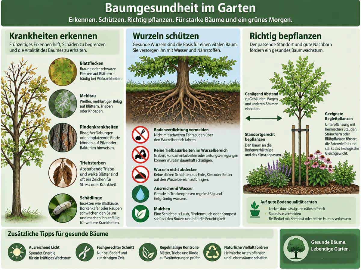 Baumgesundheit im Garten: Krankheiten erkennen, Wurzeln schützen, richtig bepflanzen Baumgesundheit im Garten: Krankheiten erkennen, Wurzeln schützen, richtig bepflanzen