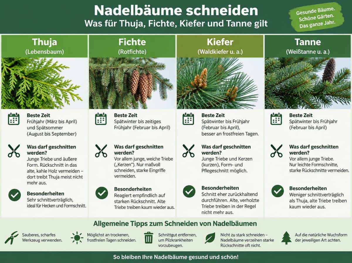 Nadelbäume schneiden: Was für Thuja, Fichte, Kiefer und Tanne gilt, Infografik Nadelbäume schneiden: Was für Thuja, Fichte, Kiefer und Tanne gilt, Infografik