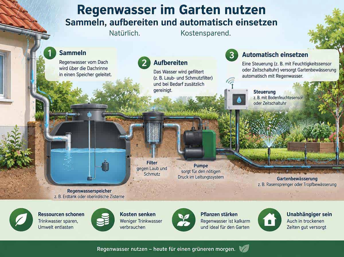 Regenwasser im Garten nutzen: Sammeln, aufbereiten und automatisch einsetzen Regenwasser im Garten nutzen: Sammeln, aufbereiten und automatisch einsetzen