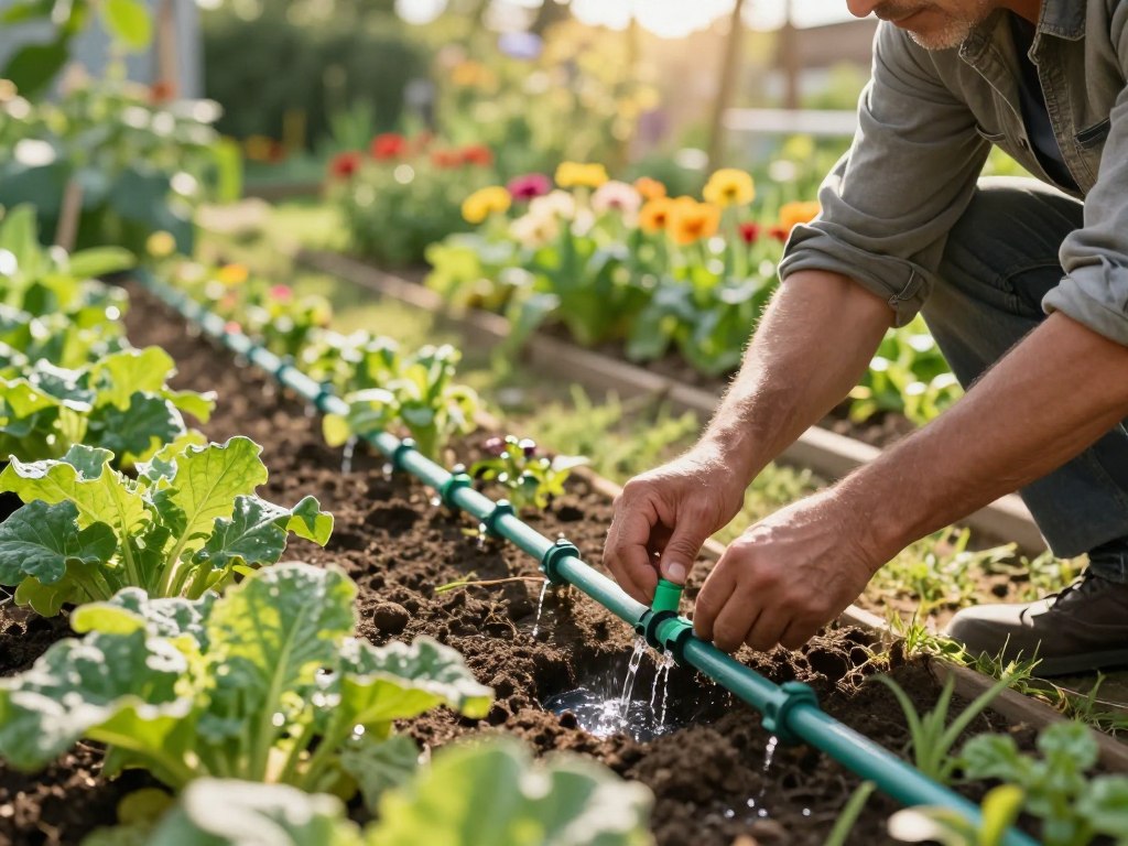 Fertig installierte Tropfbewässerung im Gemüsegarten