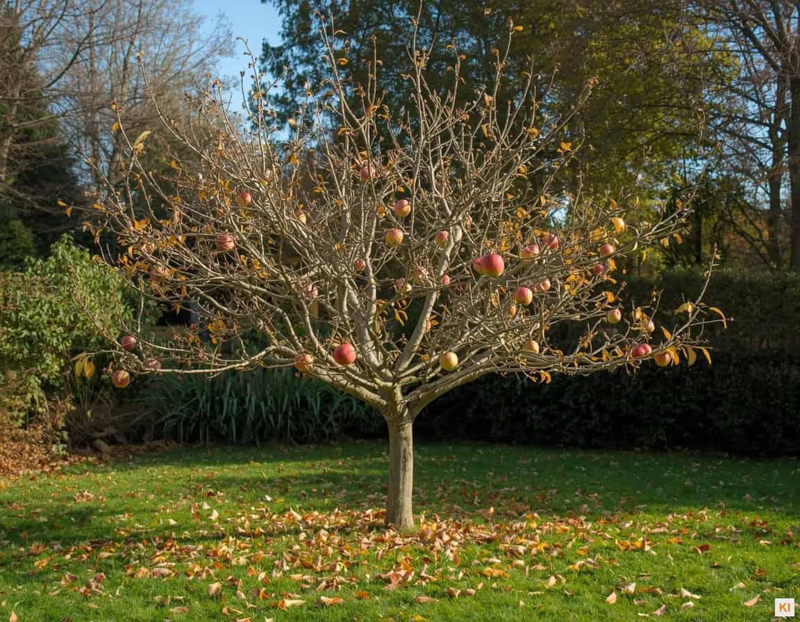 Apfelbaum im Winter schneiden: Apfelbaum im Spätherbst mit letzten roten Äpfeln und Laub auf dem Boden