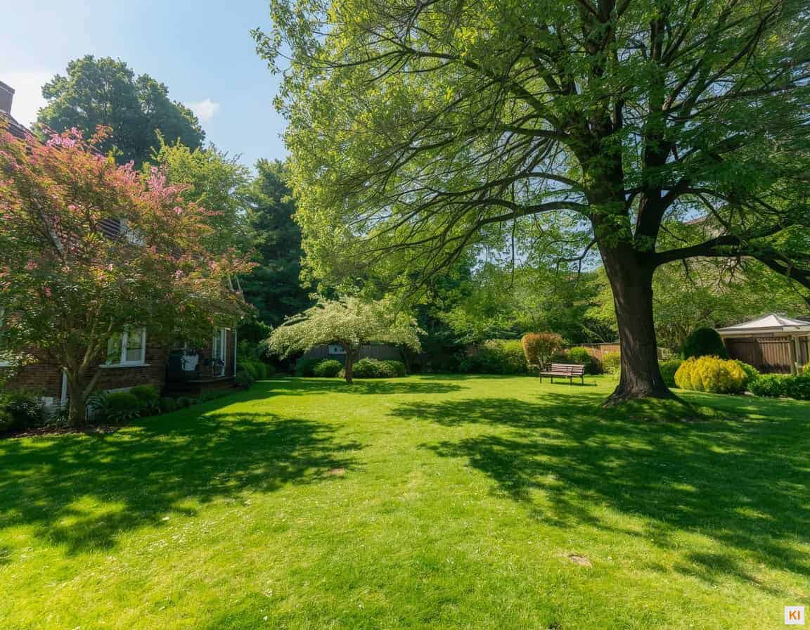 Bäume im Garten – gepflegter Hausgarten mit Obstbäumen und Laubbäumen