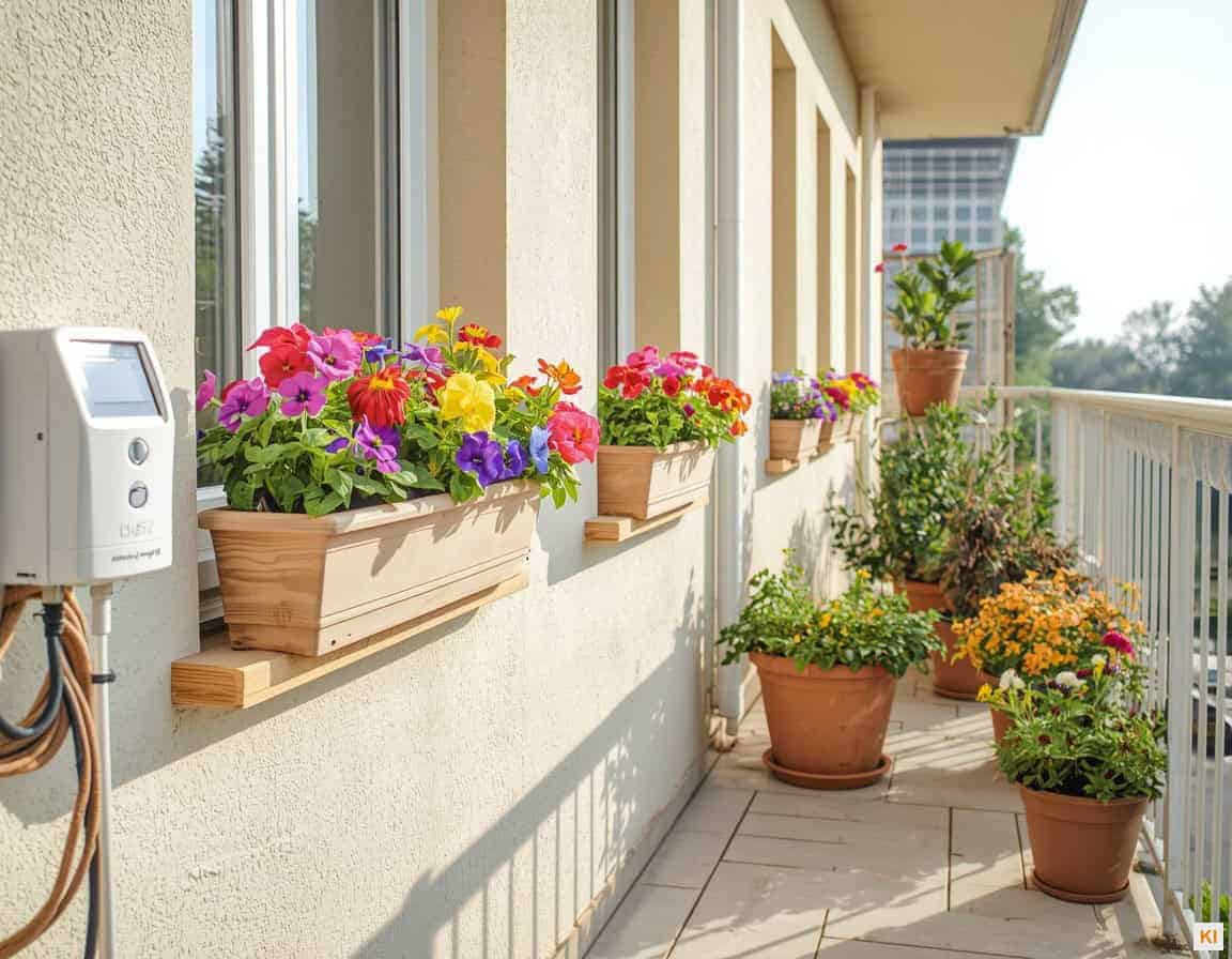 Balkongarten mit Kübeln und automatischer Tröpfchenbewässerung