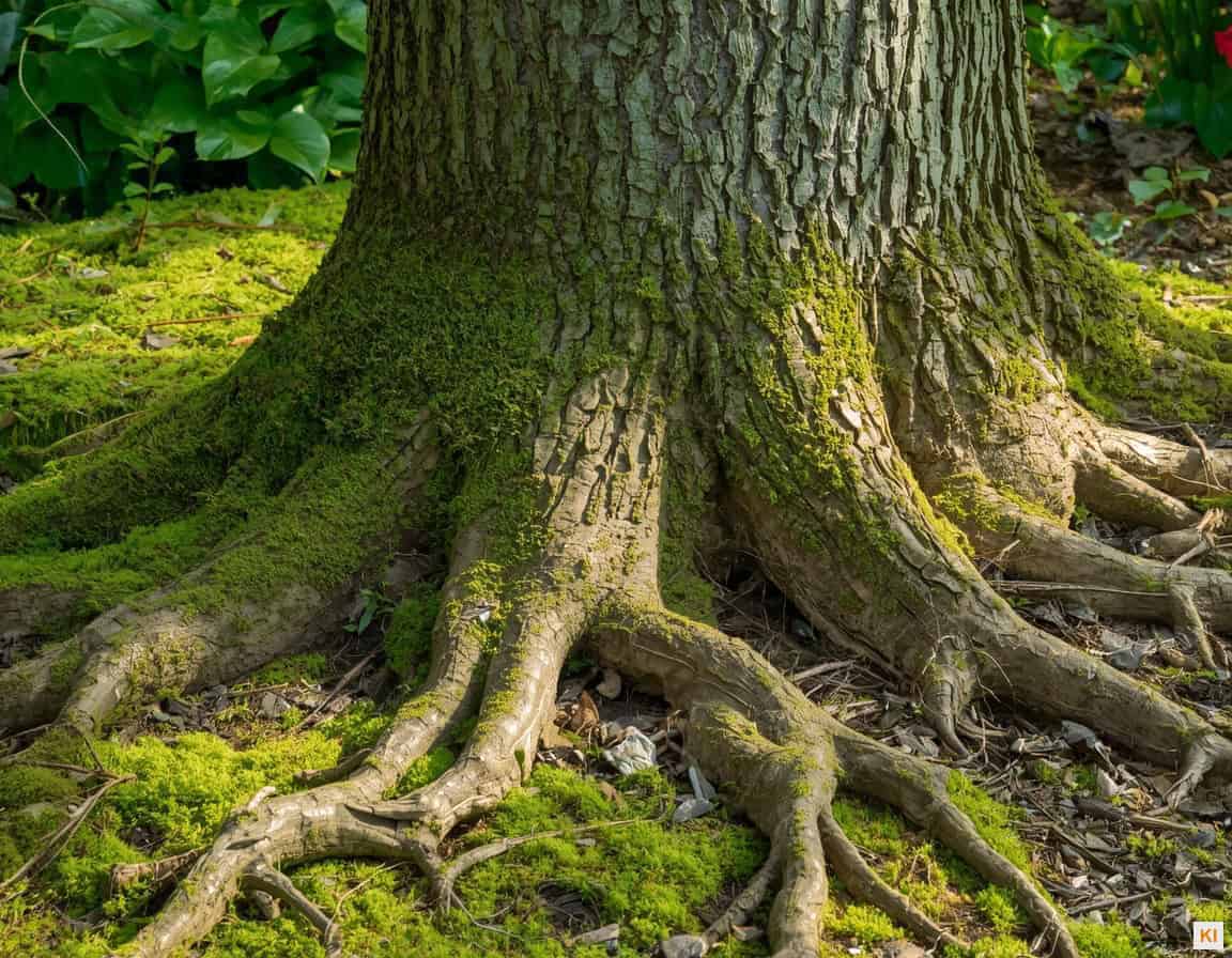 Baumgesundheit – gesunde Baumrinde und Wurzeln im Hausgarten