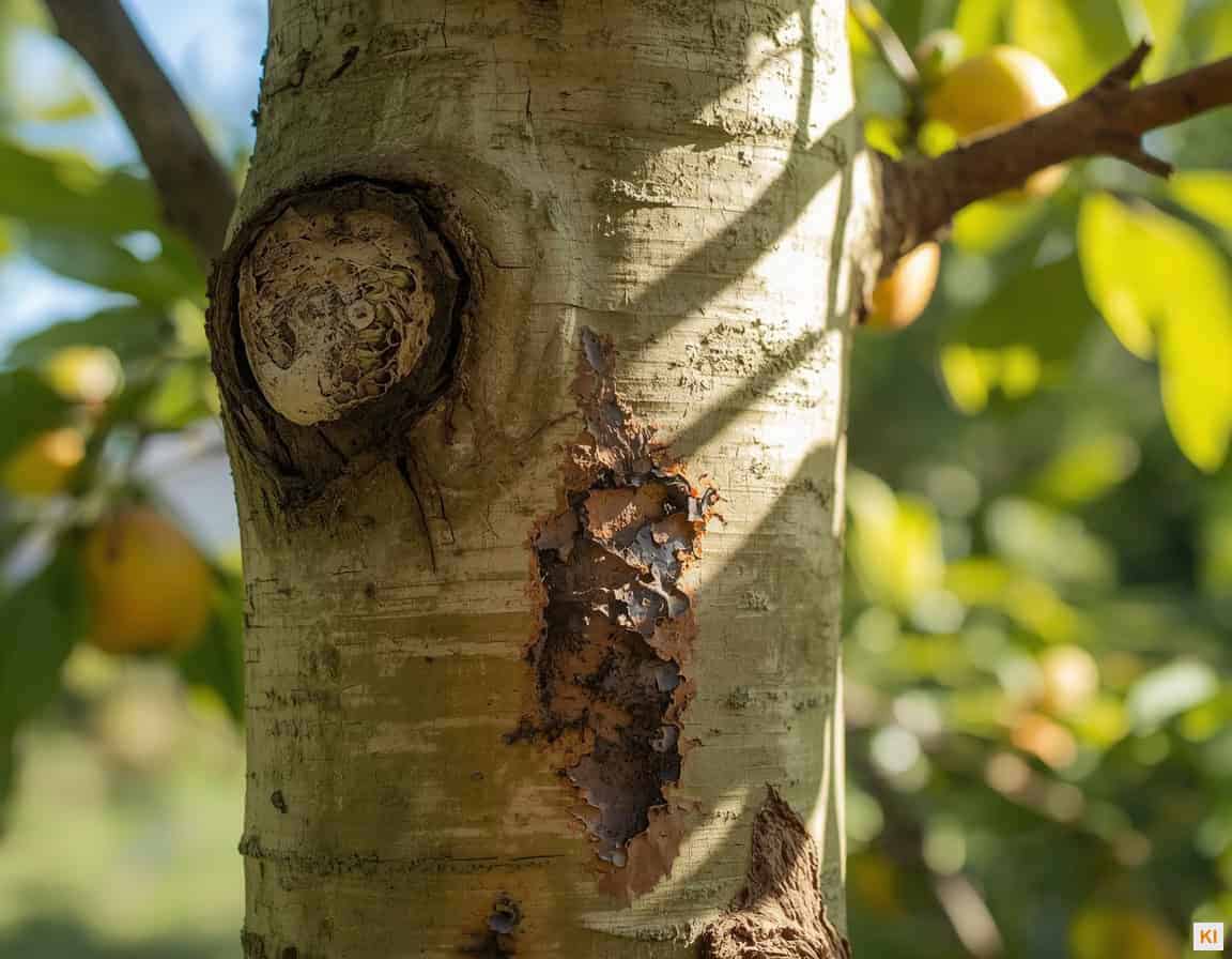Baumkrankheiten erkennen – Rindenschäden und Pilzbefall an einem Obstbaumstamm