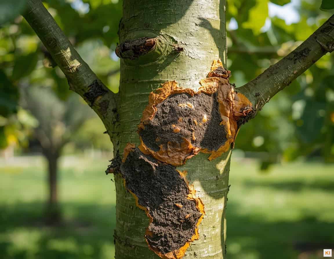 Baumschädlinge – Rindenschäden und Borkenkäferbohrlöcher an Laubbaumästen im Garten