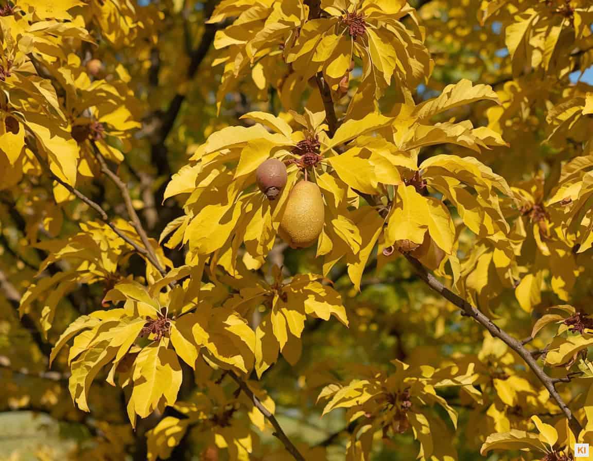 Birnbaum schneiden im Herbst: Birnbaum mit gelbem Herbstlaub im Garten