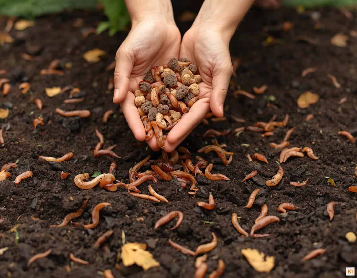 Bodenaktivator im Herbst – Granulat wird in dunklen Herbstboden eingearbeitet mit Regenwürmern