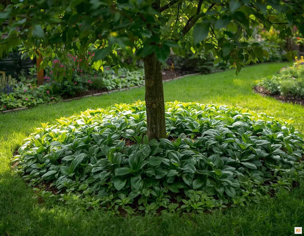 Bodendecker unter Bäumen: Bodendecker wachsen unter einem jungen Gartenbaum im Hausgarten