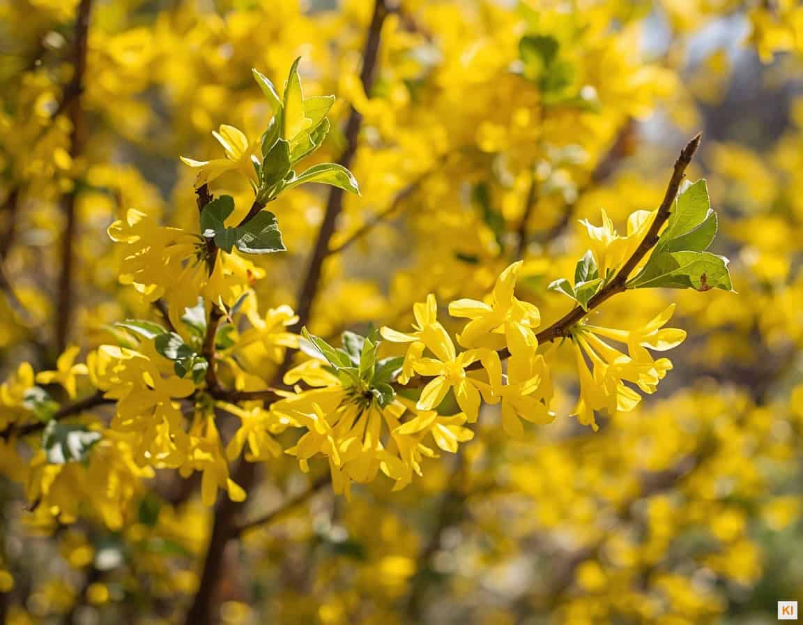 Forsythie Krankheiten – Forsythienäste mit gelben Blüten im Frühlingsgarten