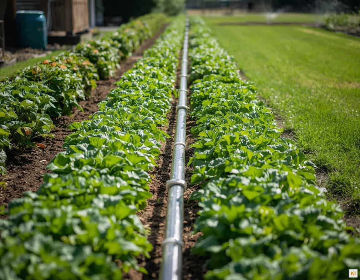 Gartenbewässerung mit Tropfsystem und Regentonne im sonnigen Garten
