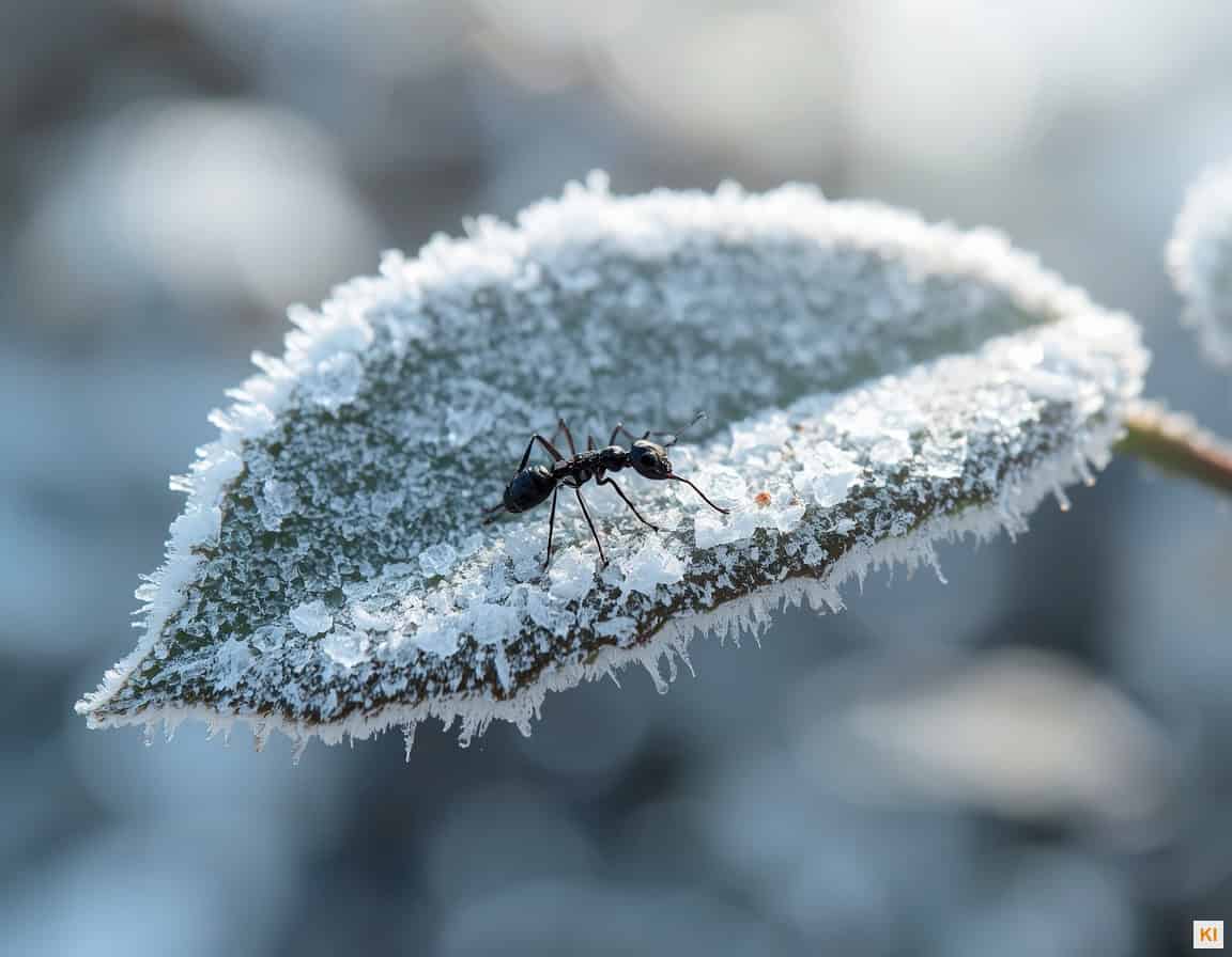 Halten Ameisen Winterschlaf – Ameise auf Blatt mit Raureif im Winter
