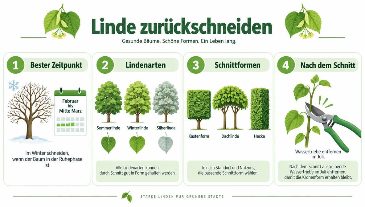 Infografik: Linde zurückschneiden – Zeitpunkt, Lindenarten, Schnittformen und Nachpflege im Überblick