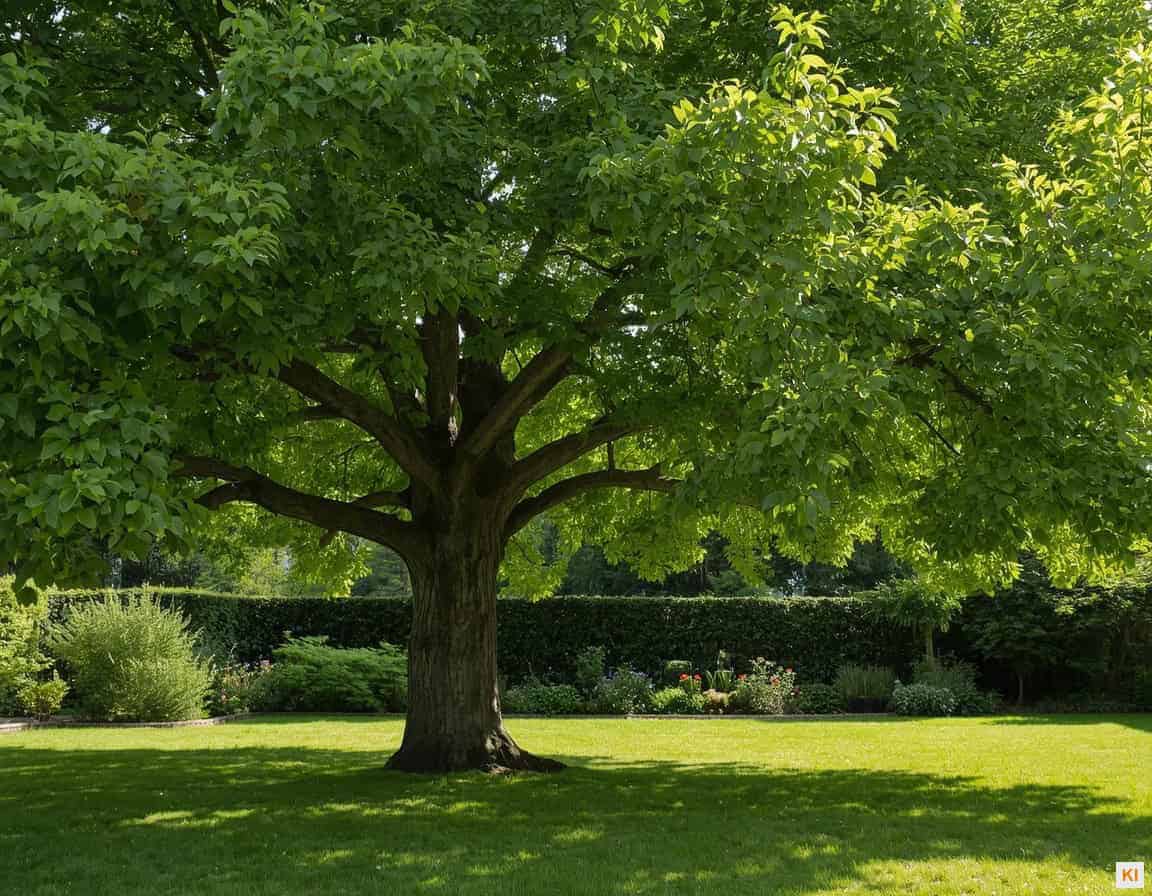 Linde zurückschneiden: Mittelgroße Linde im gepflegten Hausgarten