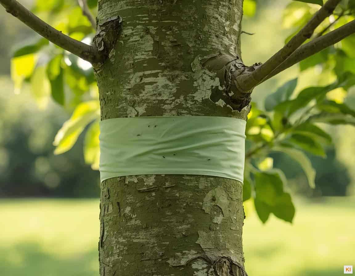 Obstbäume vor Ameisen schützen – Leimring am Apfelbaumstamm als Barriere gegen aufsteigende Ameisen