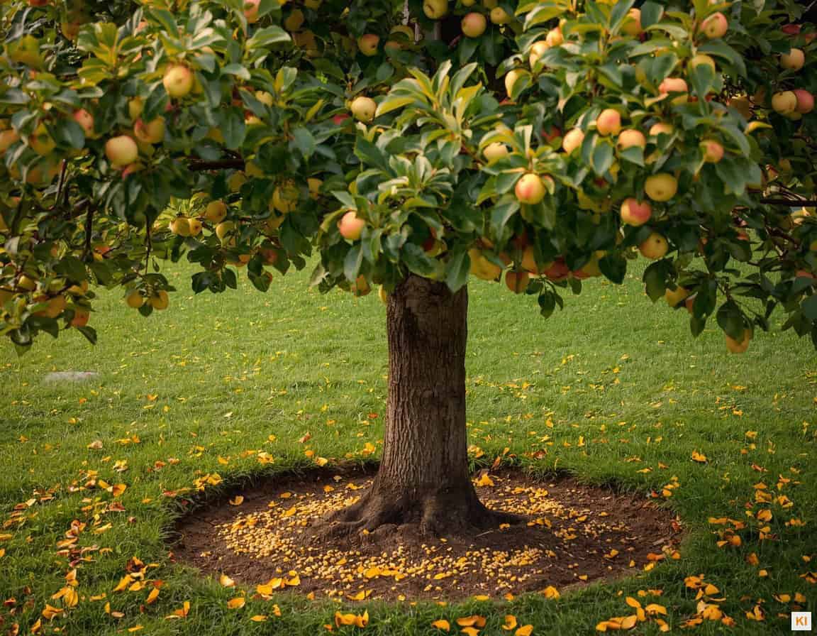 Obstbaum düngen Herbst: Apfelbaum mit Herbstlaub und leicht gestreutem Dünger am Stammbereich
