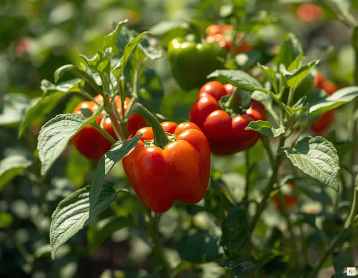 Paprika Schädlinge – rote und grüne Paprikapflanzen im Garten
