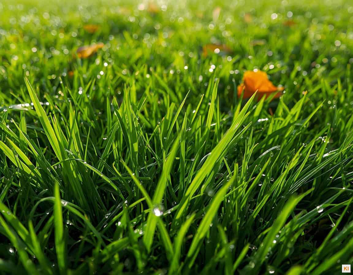 Wie lange wächst Rasen im Herbst – grüner Rasen mit Morgentau und Herbstblättern