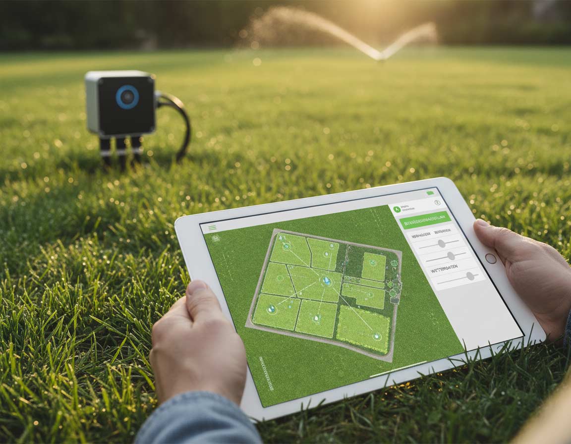 Smarte Gartenbewässerung des Rasens mit dem Pad Smarte Gartenbewässerung des Rasens mit dem Pad