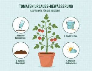 Mehr über den Artikel erfahren Tomaten im Urlaub bewässern: Vorbereitung, Methoden und Checkliste