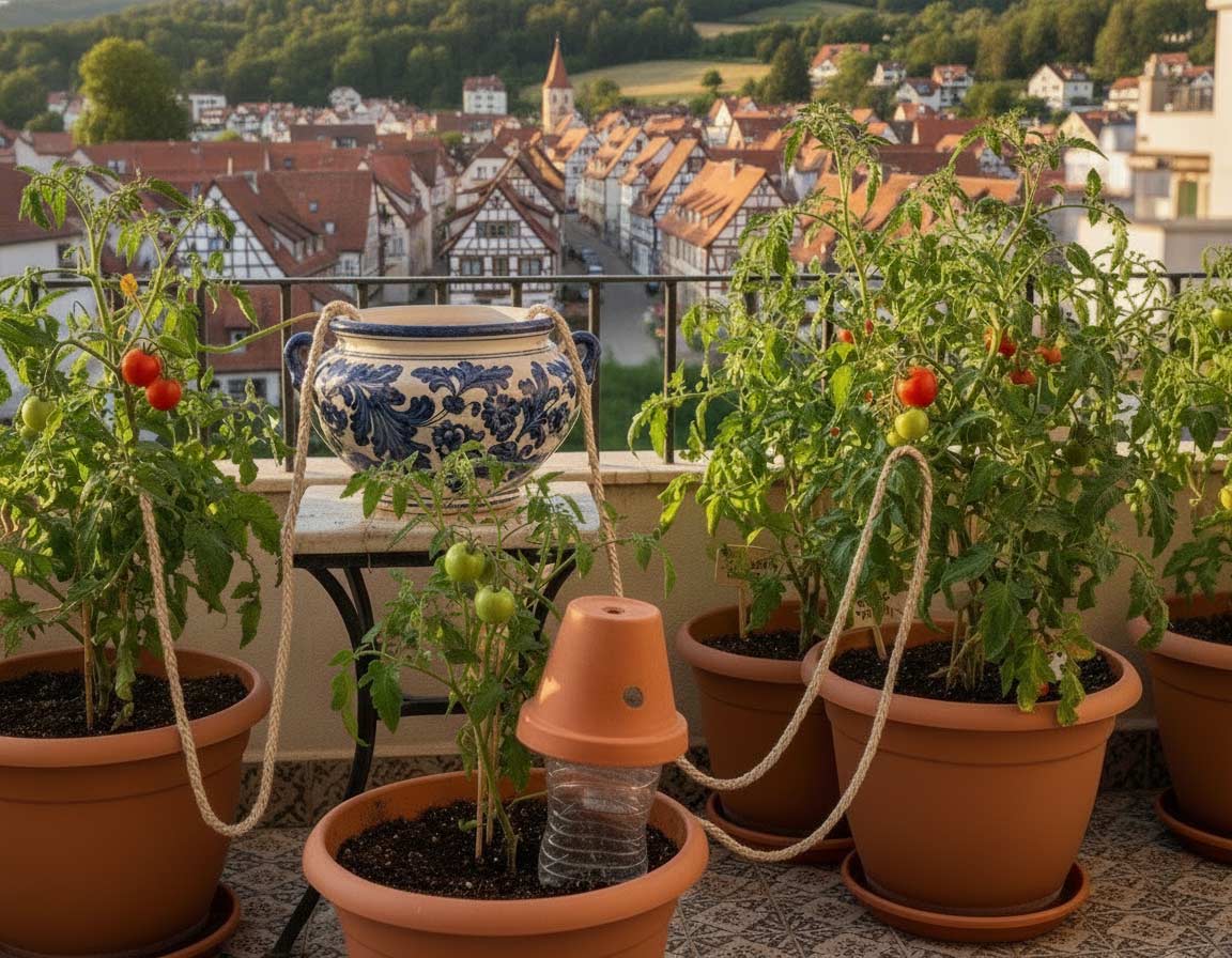 Tomaten im Urlaub mit Flaschen und Bändern bewässern Tomaten im Urlaub mit Flaschen und Bändern bewässern