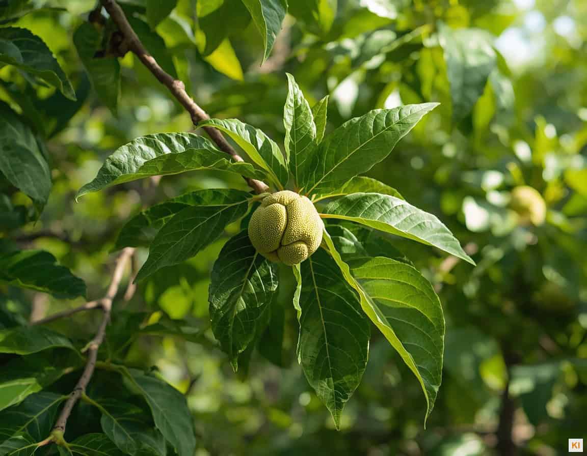 Walnussbaum schneiden: Walnussbaum mit großen grünen Blättern im Sommergarten