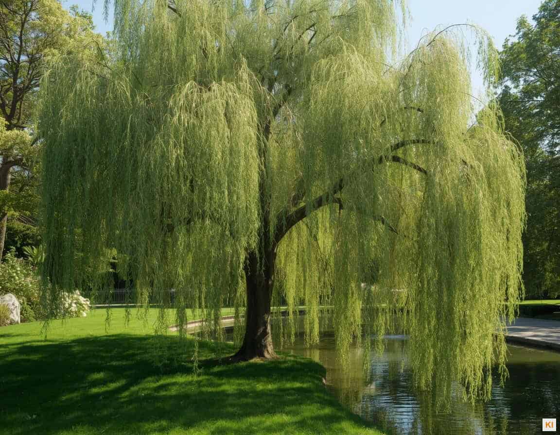 Weide radikal schneiden: Trauerweide mit langen hängenden Ästen am Gartenteich