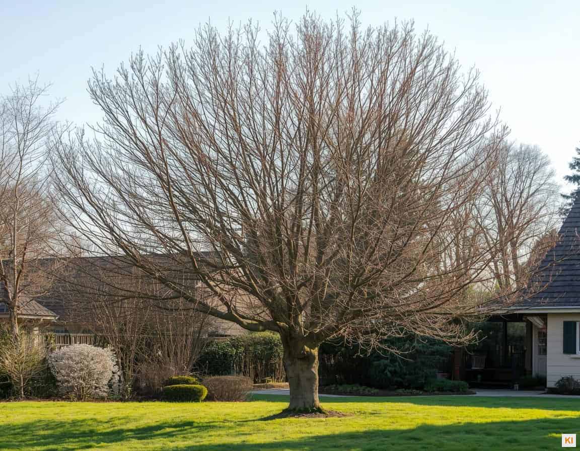 Zeitraum für Baumfällungen: Kahler Baum im Wintergarten eines Einfamilienhauses