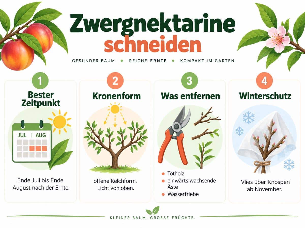 Infografik: Zwergnektarine schneiden – Zeitpunkt, Kronenform, Schnittregeln und Winterschutz im Überblick