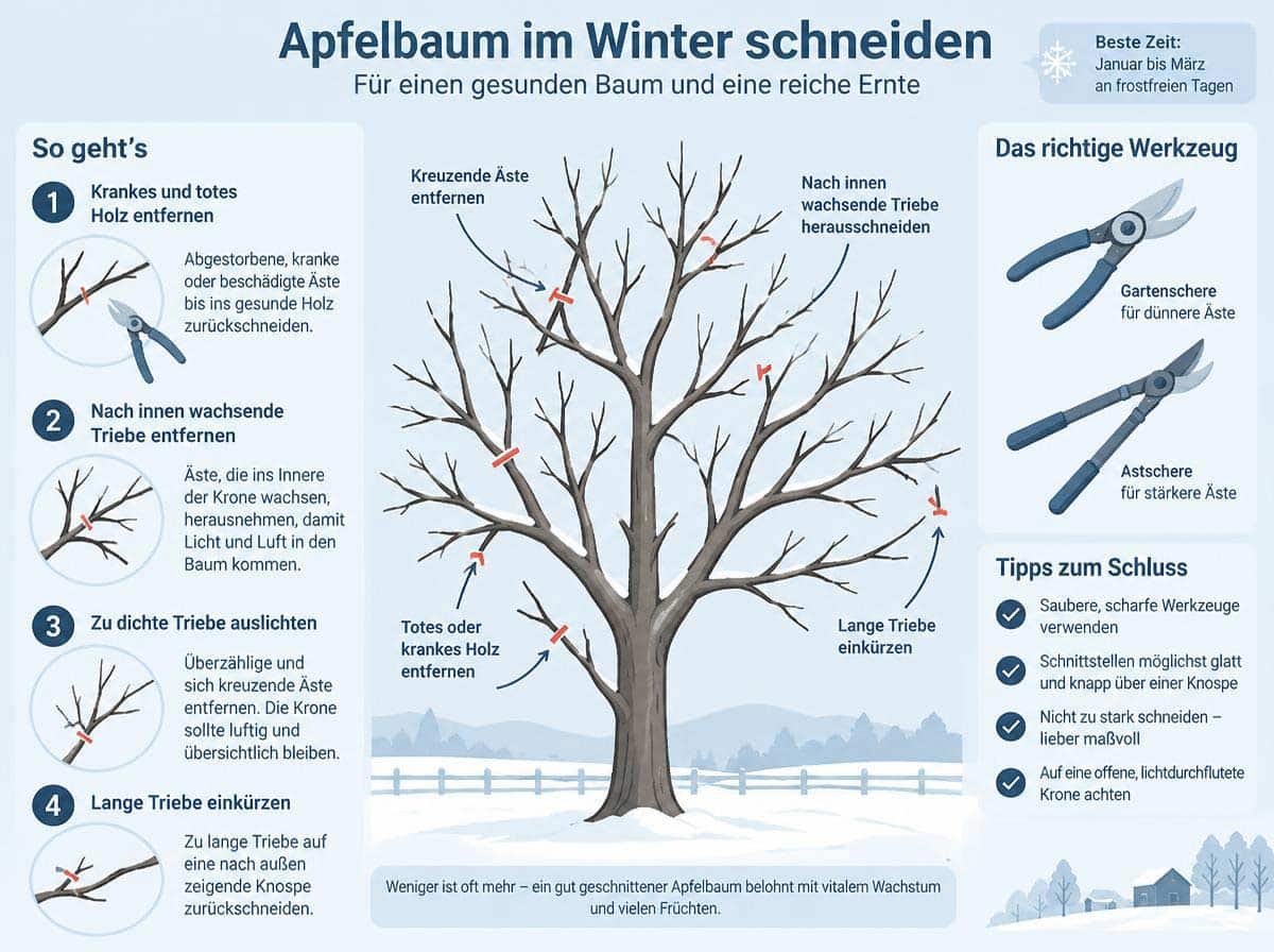 Apfelbaum schneiden im Winter- Infografik Apfelbaum schneiden im Winter- Infografik