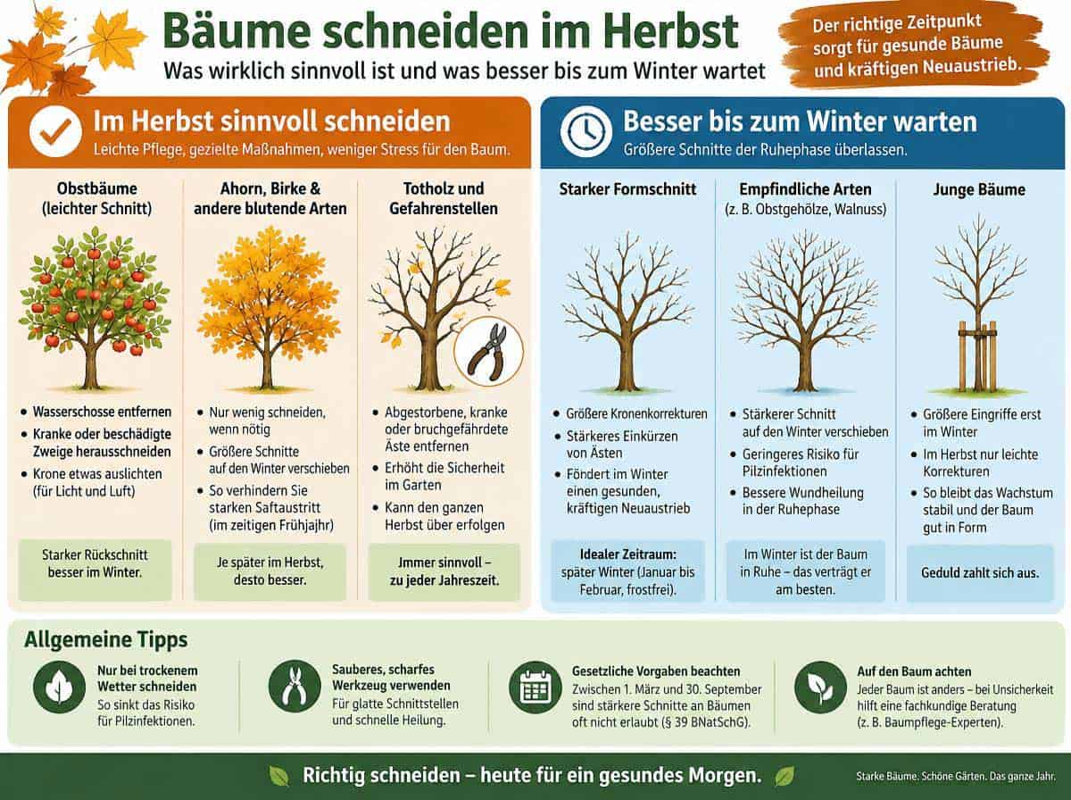 Bäume schneiden im Herbst: Was wirklich sinnvoll ist und was besser bis zum Winter wartet - Infografik Bäume schneiden im Herbst: Was wirklich sinnvoll ist und was besser bis zum Winter wartet - Infografik