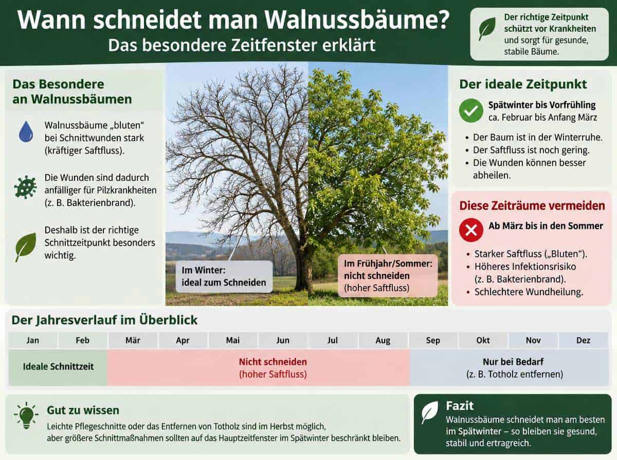 Wann schneidet man Walnussbäume: Was das besondere Zeitfenster erklärt - Infografik Wann schneidet man Walnussbäume: Was das besondere Zeitfenster erklärt - Infografik