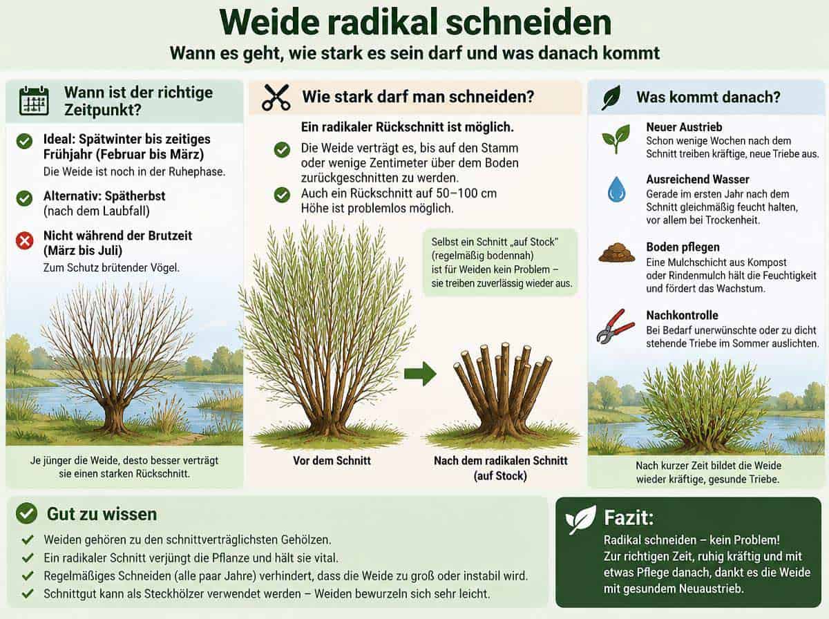 Weide radikal schneiden: Wann es geht, wie stark es sein darf und was danach kommt - Infografik Weide radikal schneiden: Wann es geht, wie stark es sein darf und was danach kommt - Infografik