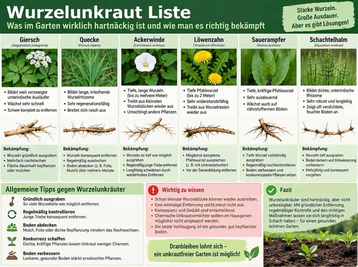 Wurzelunkraut Liste: Was im Garten wirklich hartnäckig ist und wie man es richtig bekämpft - Infografik Wurzelunkraut Liste: Was im Garten wirklich hartnäckig ist und wie man es richtig bekämpft - Infografik