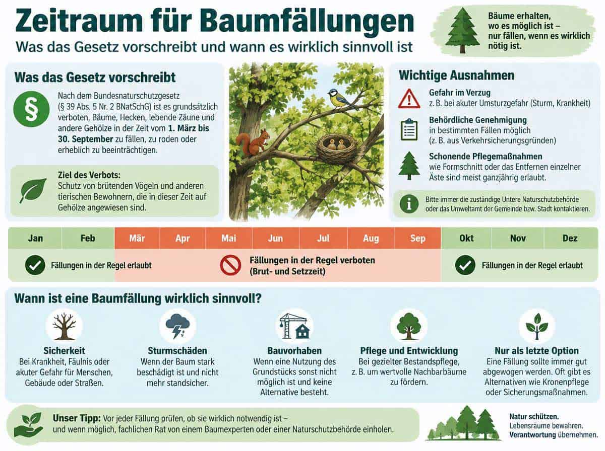 Zeitraum für Baumfällungen: Was das Gesetz vorschreibt und wann es wirklich sinnvoll ist - Infografik Zeitraum für Baumfällungen: Was das Gesetz vorschreibt und wann es wirklich sinnvoll ist - Infografik