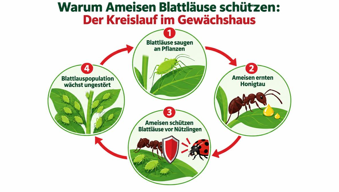 Ameisen im Gewächshaus: Infografik zum Kreislauf zwischen Ameisen, Blattläusen und Nützlingen
