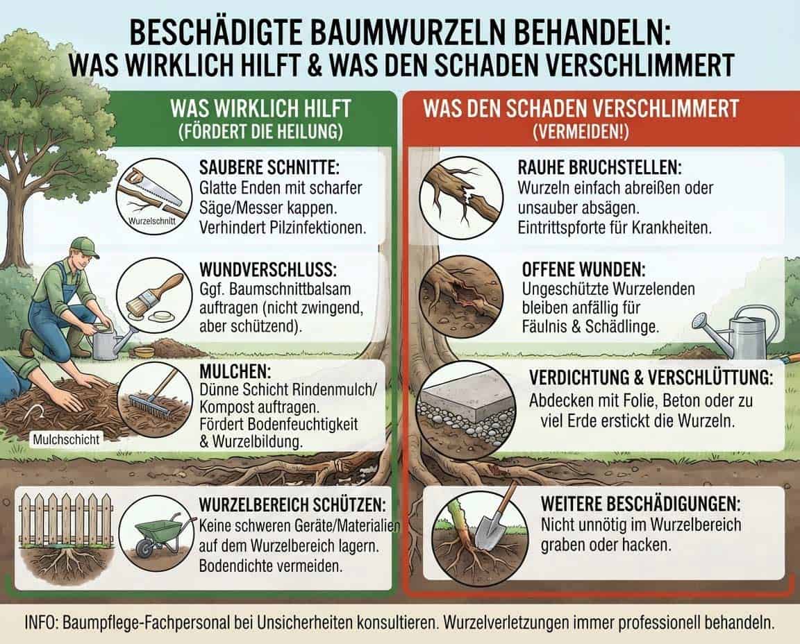 Beschädigte Baumwurzeln behandeln: Was wirklich hilft und was den Schaden verschlimmert - Infografik Beschädigte Baumwurzeln behandeln: Was wirklich hilft und was den Schaden verschlimmert - Infografik