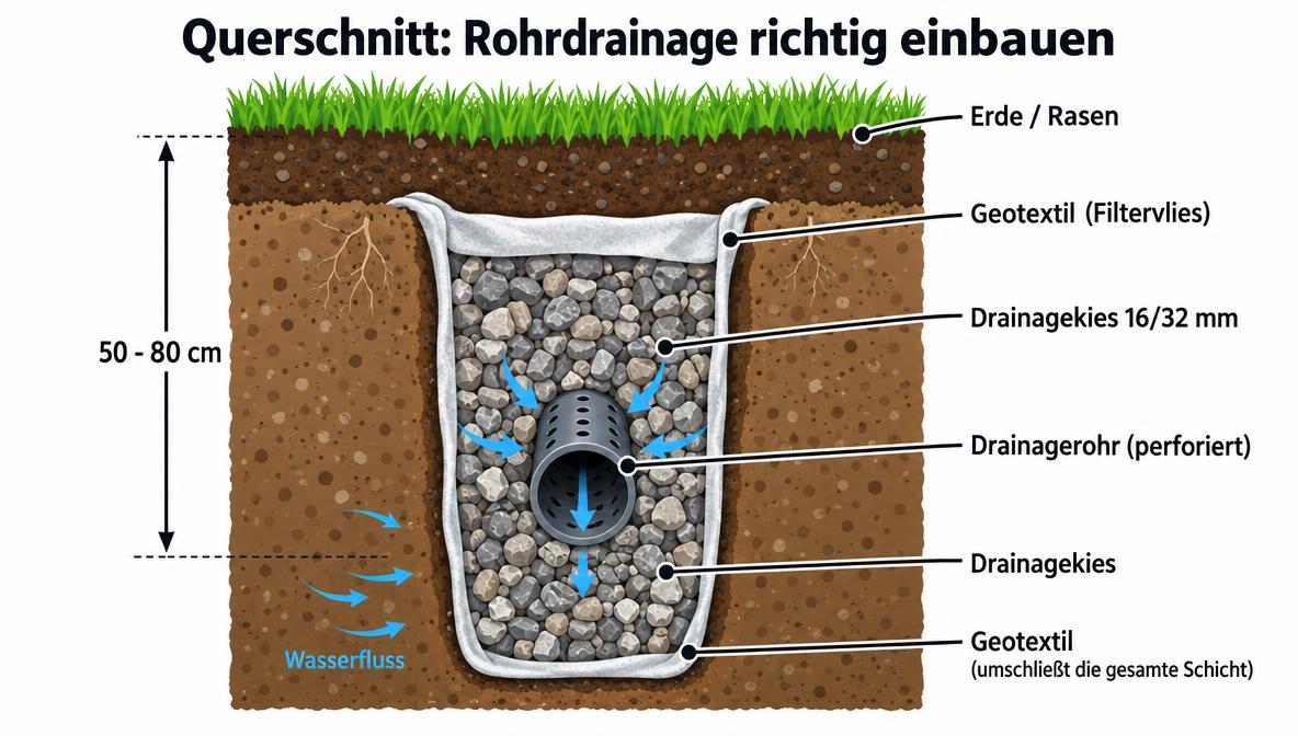 Drainage im Garten: Querschnitt Rohrdrainage mit Schichtaufbau aus Geotextil, Kies und Drainagerohr