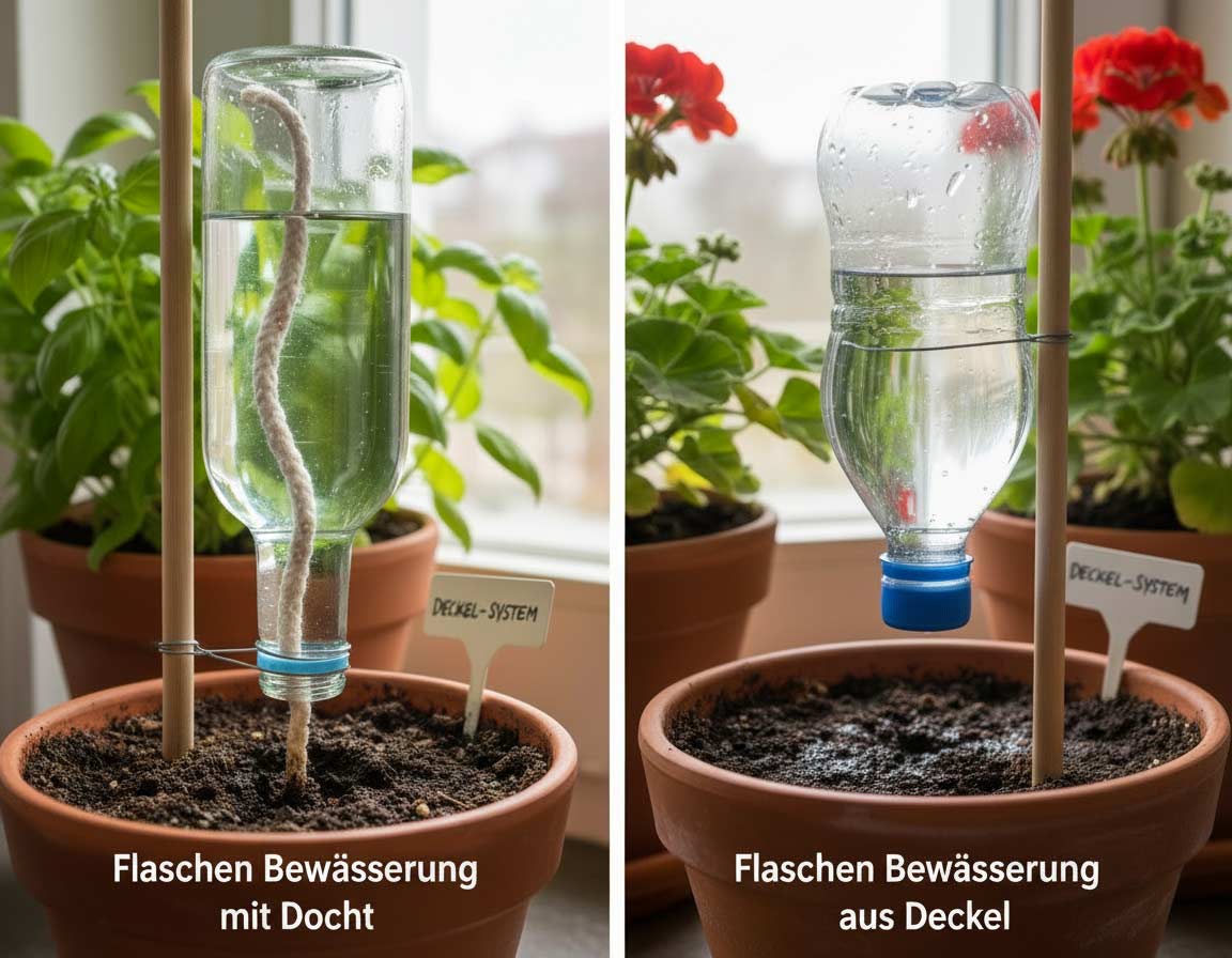 Flaschen Bewässerung - einmal mit Docht und einmal mit Deckel Flaschen Bewässerung - einmal mit Docht und einmal mit Deckel