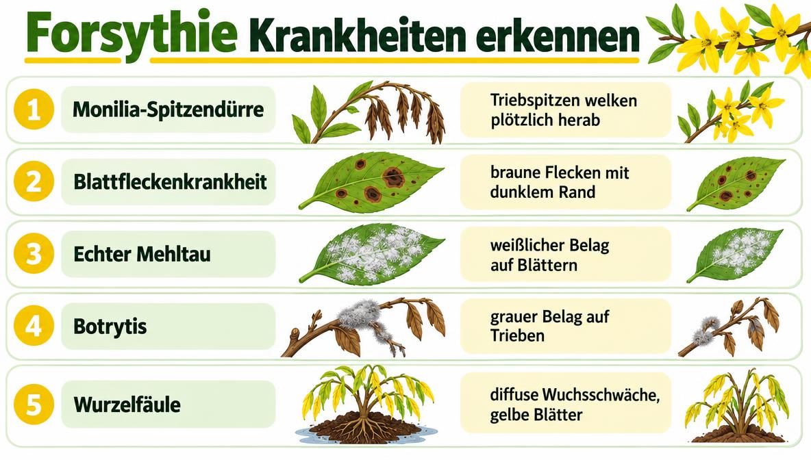 Forsythie Krankheiten erkennen: Infografik mit 5 Symptombildern von Monilia bis Wurzelfäule