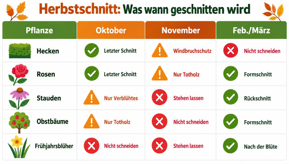 Herbstschnitt Infografik: Schnittkalender für Hecken, Rosen, Stauden, Obstbäume und Frühjahrsblüher