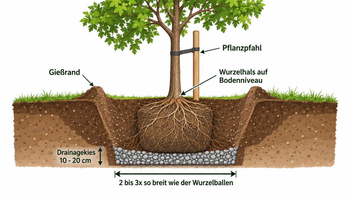 Großen Baum pflanzen: Infografik Pflanzloch richtig ausheben mit Maßen und Querschnitt